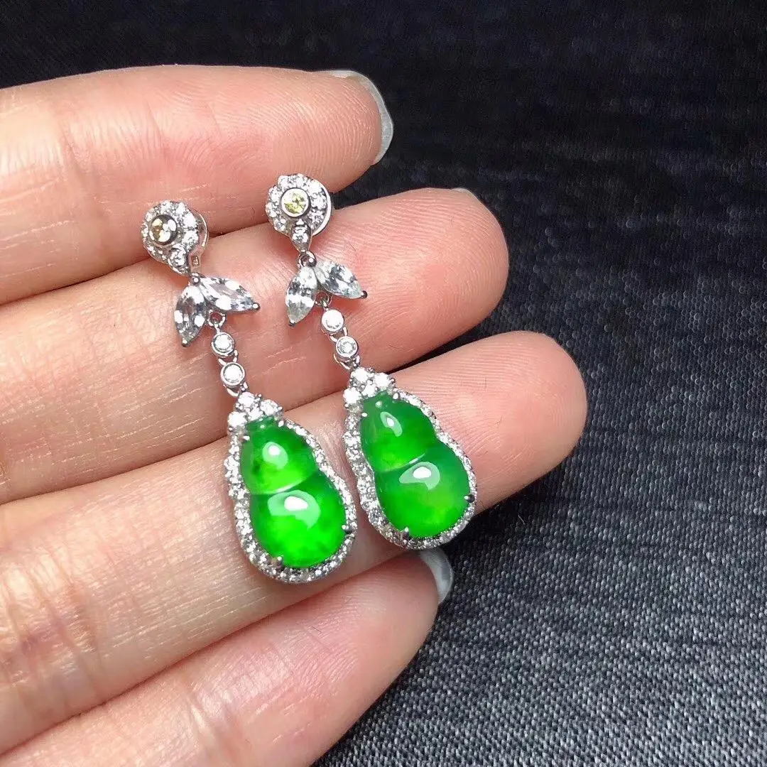 

HML& Original design plant inlaid zircon gourd jasper earrings Chinese retro shining light luxury charm women's silver jewelry