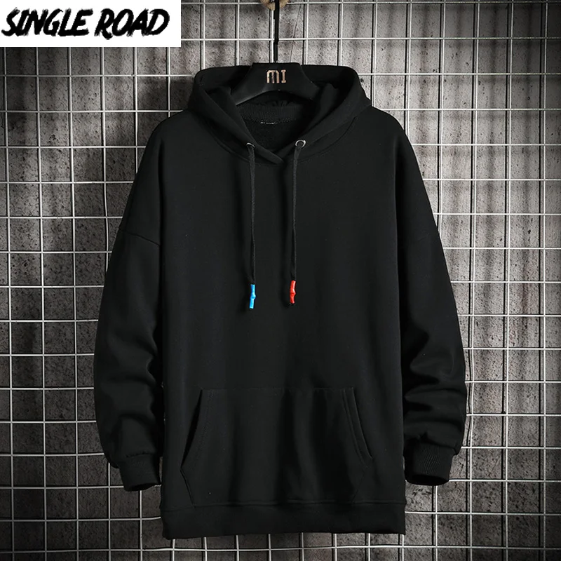

Single Road Mens Hoodies Men 2020 Winter Solid Sweatshirt Japanese Streetwear Harajuku Oversized Black Hoodie Men Sweatshirts