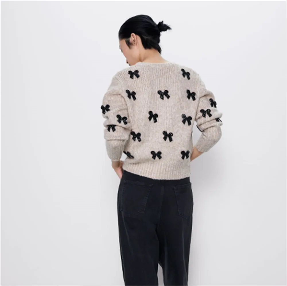2019 ZA Women's Knit Sweater Fashion New Winter Bow Bohemian Long Sleeve Round Neck Party Gift | Женская одежда