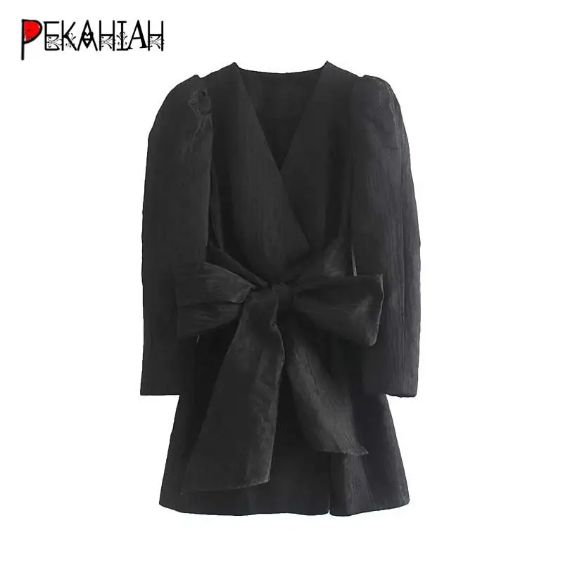 Винтажный буф рукав Блейзер Платье женское элегантное черное платье крест V шеи