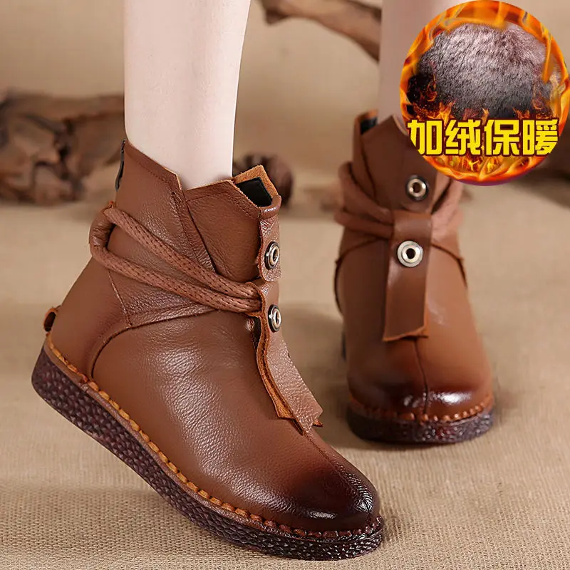 Brown with fleeces OUKAHUI/сезон весна-осень; женские ботинки из натуральной кожи ручной работы в винтажном стиле; женские мягкие теплые зимние повседневные ботинки с круглым носком на плоской подошве; коллекция года - Цвет: Brown with fleeces