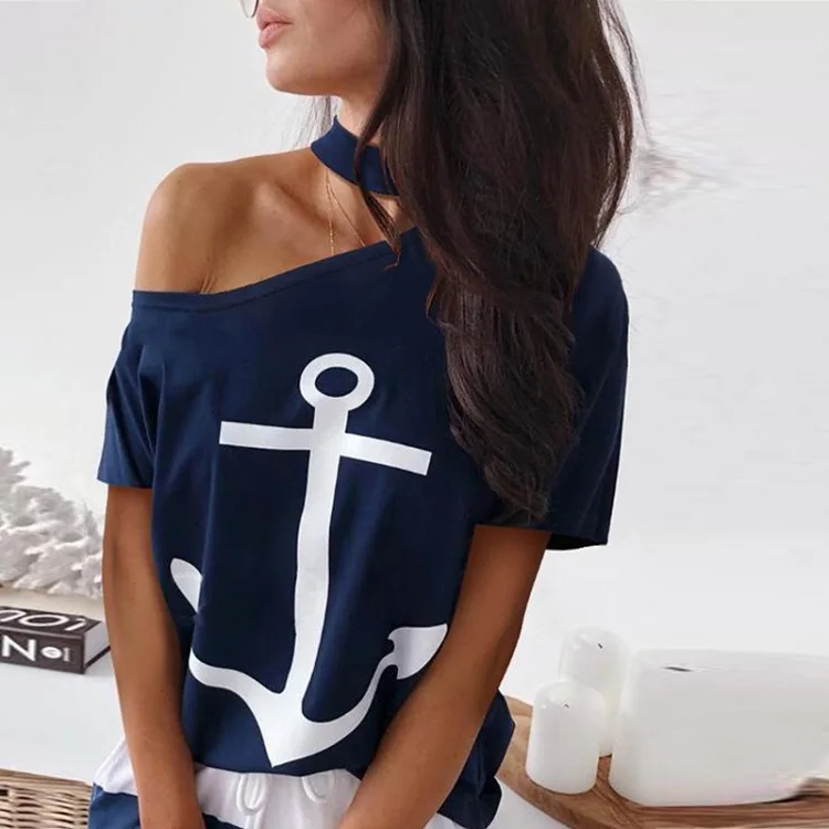 03 Dark Blue Tops VIEUNSTA S-5XL, Женский Топ с открытыми плечами и юбка, комплект из двух предметов, платье, осенняя блузка с рукавами летучая мышь, рубашка, Полосатое платье с карманами и принтом - Цвет: 03 Dark Blue Tops