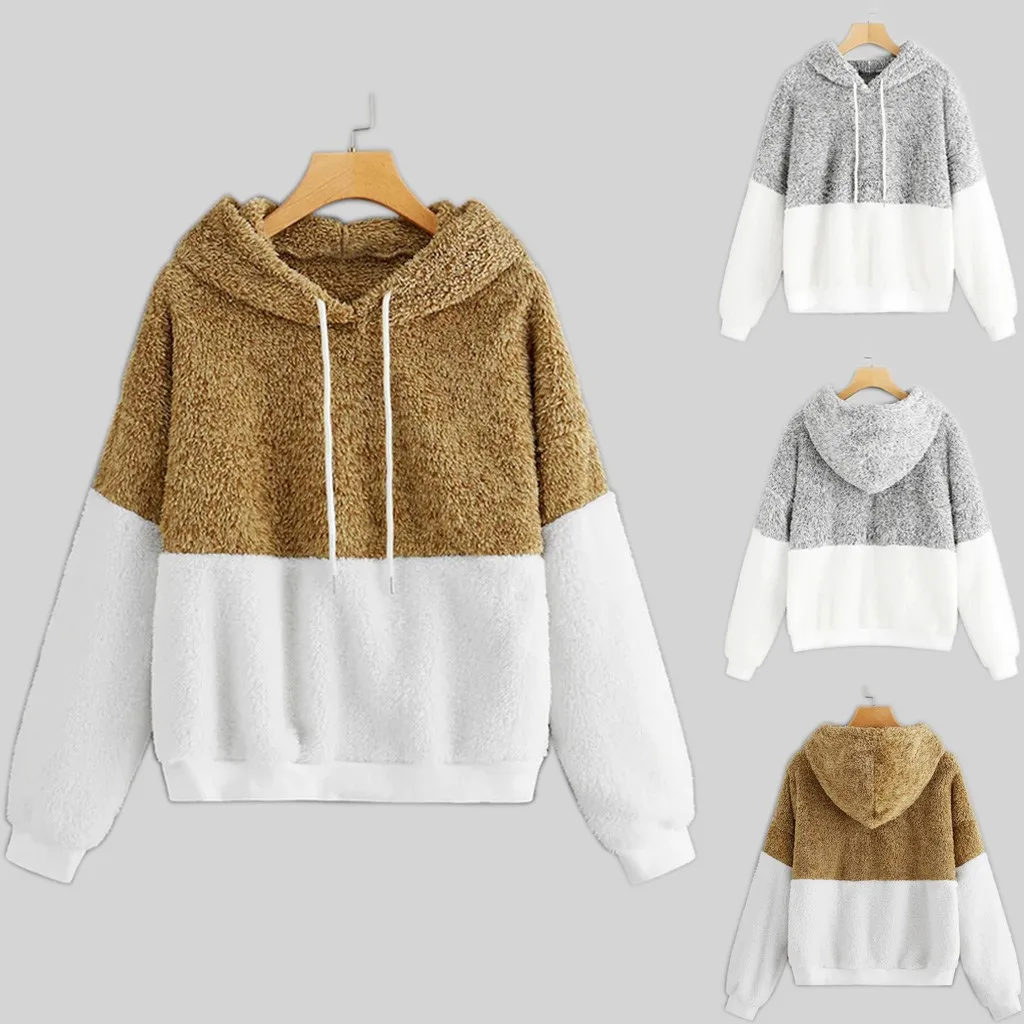 New clothing Fashion Pullovers Women Hoodies Fluffy Color Block Long Sleeve Patchwork Sweatershirts Tops толстовка женская LS*B