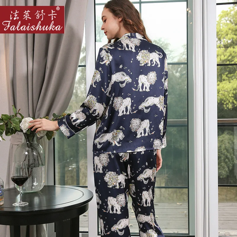 19 momme 100% genuine silk pajamas sets women sleepwear Korean Elegant black fashion lion pure silk womens pyjamas T8255