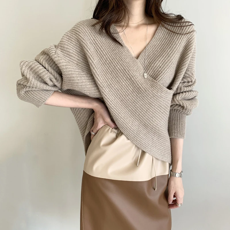 

Korean Fashion V-neck Knit Sweater Top Blusa Elegant Female Solid Pullover Loose Women Irregular Fluffy Lazy Oaf Sweater New