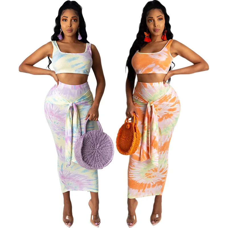 

Women Tie-dye Printed Fashion Casual Vest Suit Skirt Conjunto Feminino Women Crop Top and Skirt Set Two Piece Outfits Donsignet