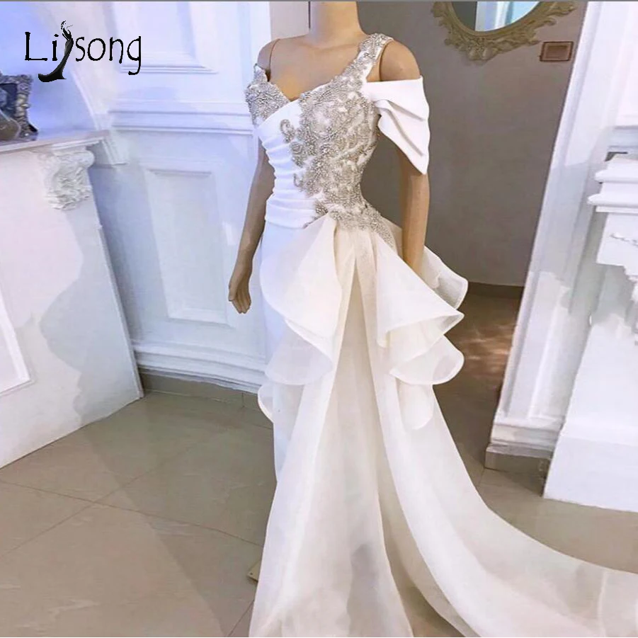 Real Image White Elegant Mermaid Prom Dresses Shiny Crystal Rhinestone Long Gowns Tulle Ruffles Flowing Ribbon | Свадьбы и торжества
