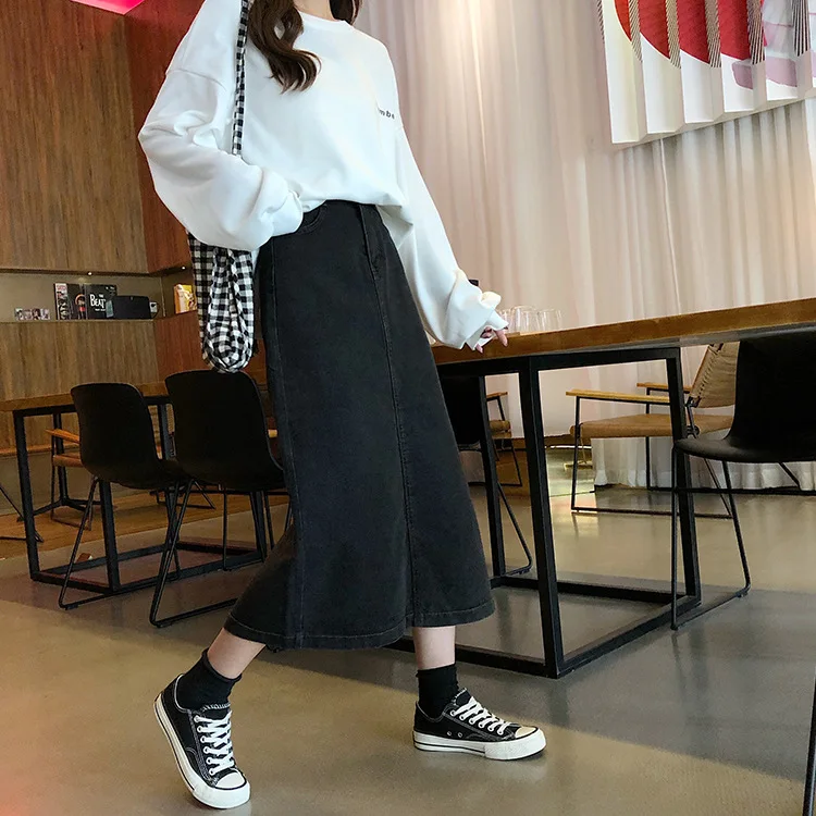 

Spring Korean Style Midi Denim Skirts Women High Waist Split Jean Skirt Summer Fresh and Sweet A Line Black Skirts for Women