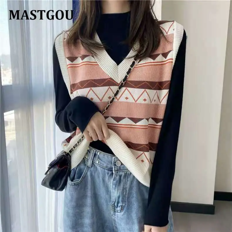 

MASTGOU Jacquard Knit Student Women Sweater Vest Spring Casual Loose Vintage Sleeveless V-Neck Korean Female Waistcoat Outfits