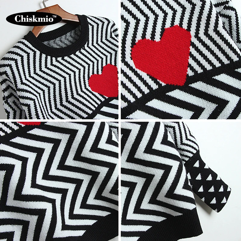 

Fall Winter Women Sweaters Geometric Heart Printing Pattern Long Sleeve Tops Lovely Pullovers Knitted Loose Jumper Clothing