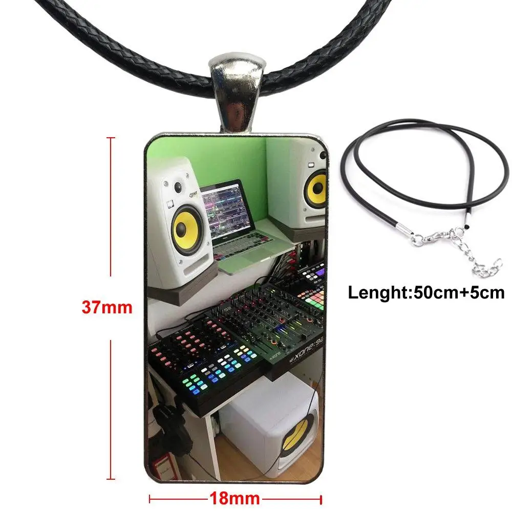 

Vintage Digital Mixer Dj Turntable For Unisex Glass Cabochon Jewelry Steel Color With Long Pendant Choker Rectangle Necklace