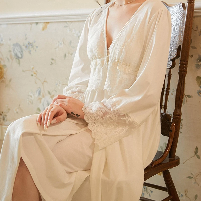 

2 Piece/set Women Gowns & Robes Set Vintage Sleepwear Lace Elegant Nightgown Robe Set Cotton Bathrobe Palace Style Home Clothing