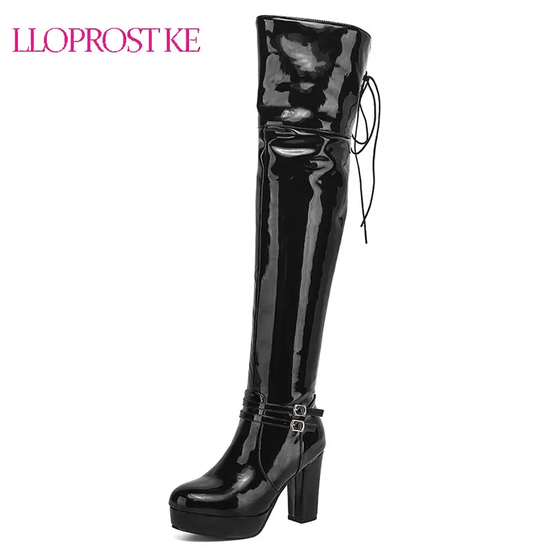 

Lloprost ke Patent Leather Sexy Thigh High Heel Boots Winter Platform Red Black Women Over the Knee Boots Big Size 48 Lady Shoes
