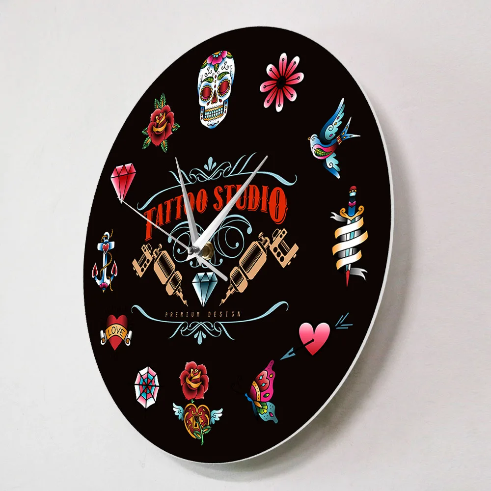 Тату студия Премиум Дизайн Черные современные настенные часы не тикают