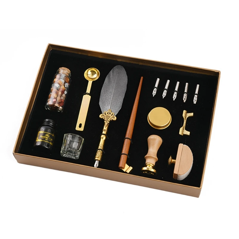 

Retro Calligraphy Quill Feather Dip Pen with Nibs Wax Seal Stamp Holder Gift Box Stationery M03 21 Dropshipping