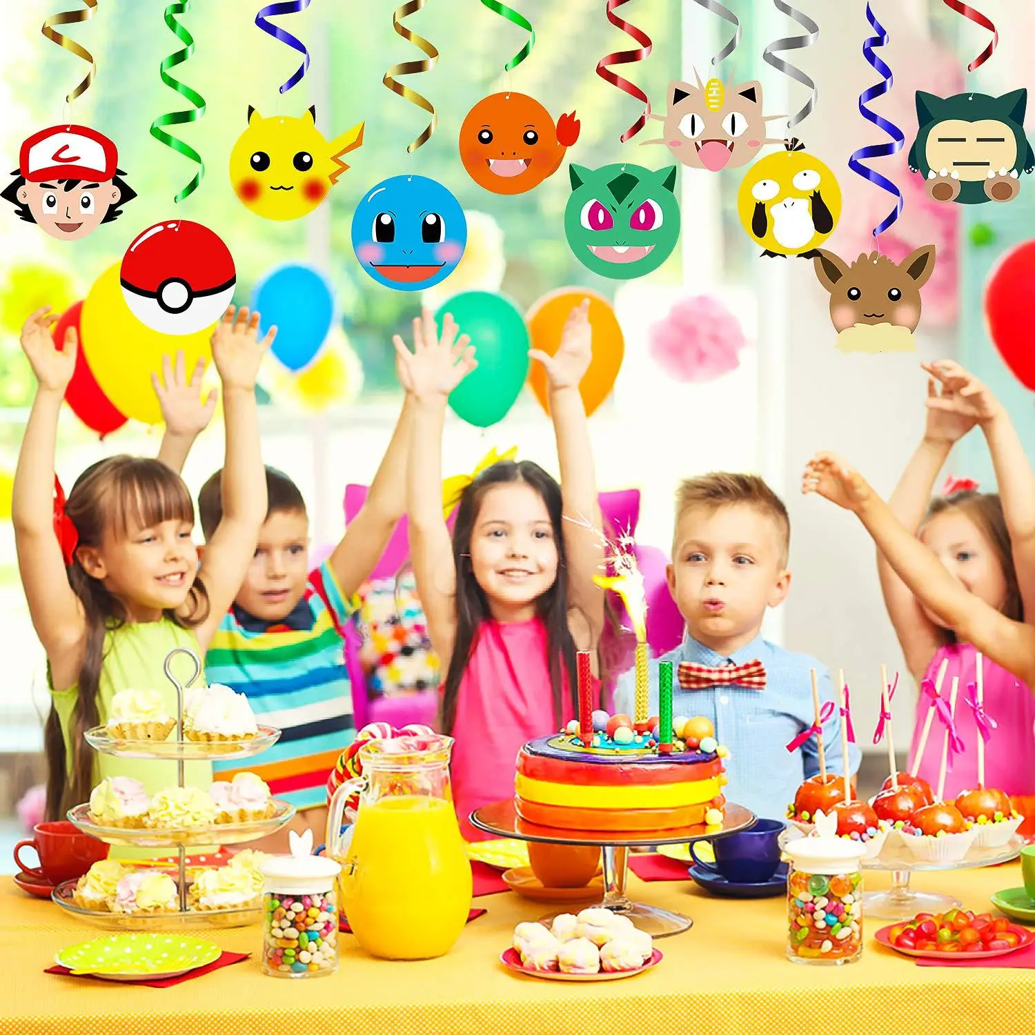 

Pokemon Go Pikachu Charmander Squirtle Bulbasaur Jigglypuffs Hanging Spin Children Boy Theme Birthday Party Decorations Supplies