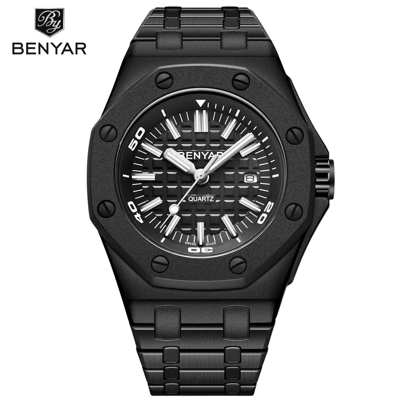 Full Black BENYAR мужские часы Топ люксовый бренд военные Стальные кварцевые часы мужские s водонепроницаемые спортивные наручные часы повседневные часы Montre Homme - Цвет: Full Black