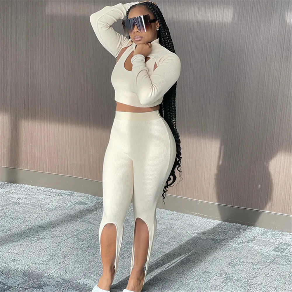 

Casual Women Suits Sexy Hollow Out Turtleneck TanK Tops And Pants Set Long Sleeve Slim Spring 2pc Sets Womens Outfits 2021