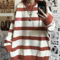 high street orange striped vintage sweater womens o neck pullover warm knitted clothes color blocking korean kawaii student top