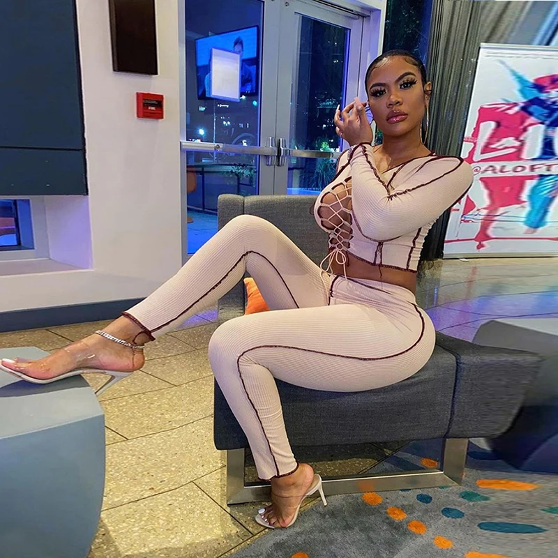 

Womens Casual 2 Piece Outfits Set Ribbed Long Sleeve Criss Cross Lace Up Crop Tops + Skinny Long Pants Set 2021 Streetwear