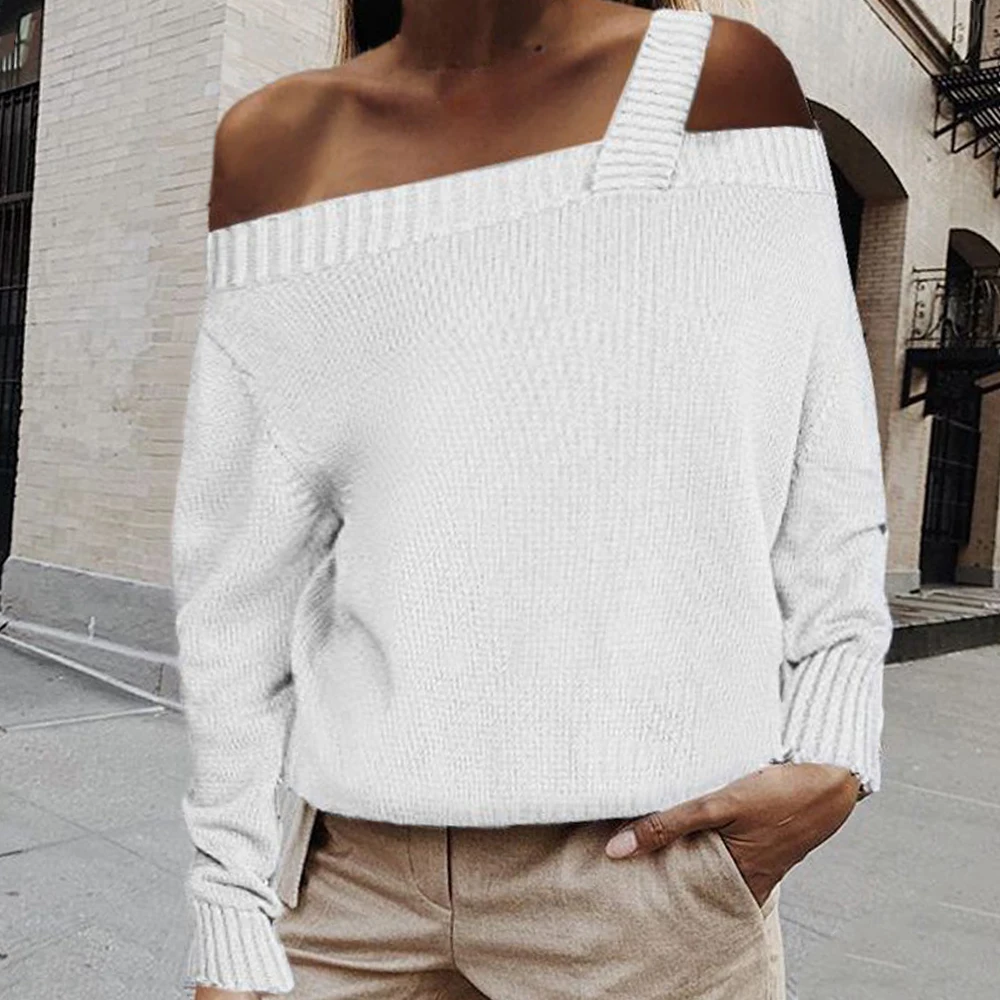 Women Sexy Off Shoulder Knitted Straps Sweater Winter Autumn Long Sleeve Sweaters And Pullovers Ladies Solid Color Tops | Женская одежда