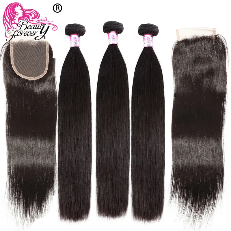 Beauty forever бразильские прямые 3 пучка с 2 шт закрывания 4*4 же части Remy человеческие волосы переплетения пучки с закрытием