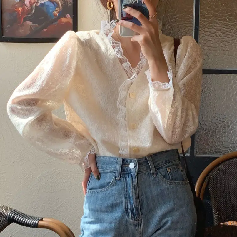 

HziriP Apricot V-Neck Lace Women Shirts Florals Stylish Femme 2022 Chic Gentle Girls Spring Office Wear Hook Flowers Blouses