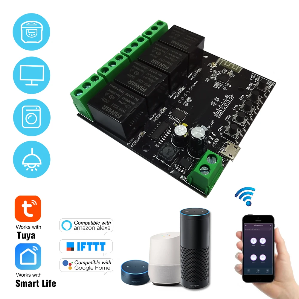 

Tuya 4CH USB DC5V/7-32V WiFi Switch Wireless Relay Module Remote Switch Remote Control Compatible with Amazon Alexa Google Home