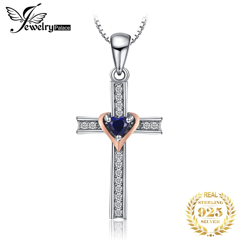 

Cross Heart Created Blue Sapphire Pendant Necklace 925 Sterling Silver Gemstones Choker Statement Necklace Women No Chain