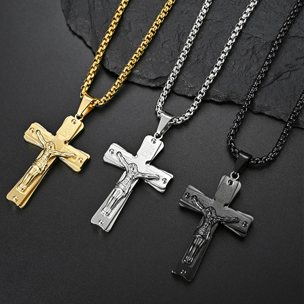 

European And American Retro Fashion Temperament Exaggerated Cross Double-layer Titanium Steel Pendant Necklace