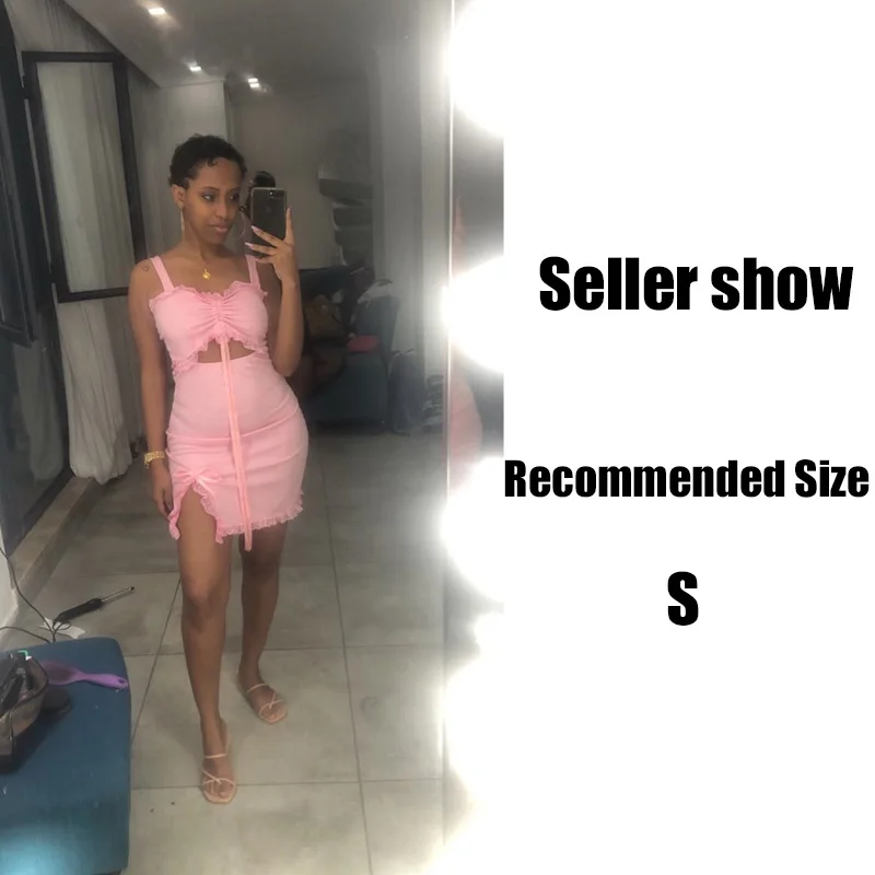 

Strap Ruched Front Party Dresses With Lace Hollow Out Waist A-Line Mini Dress Sweet Summer JS0112