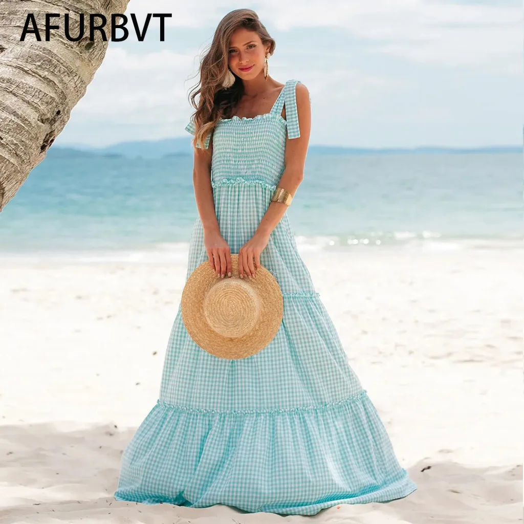 

Women Bohemian Ruffled Party Beach Maxi Sundress Summer Plaid Dress Casual Sleeveless Pleated Long Vestido Blue Green