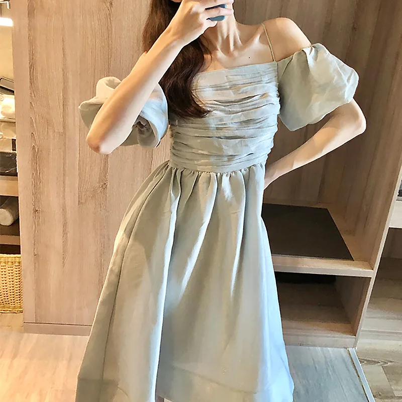 2020 Summer New Light Luxury Women's Mint Flower Sleeve Dress High Waist Pleated Mid-length Midi Fashion Trend | Женская одежда