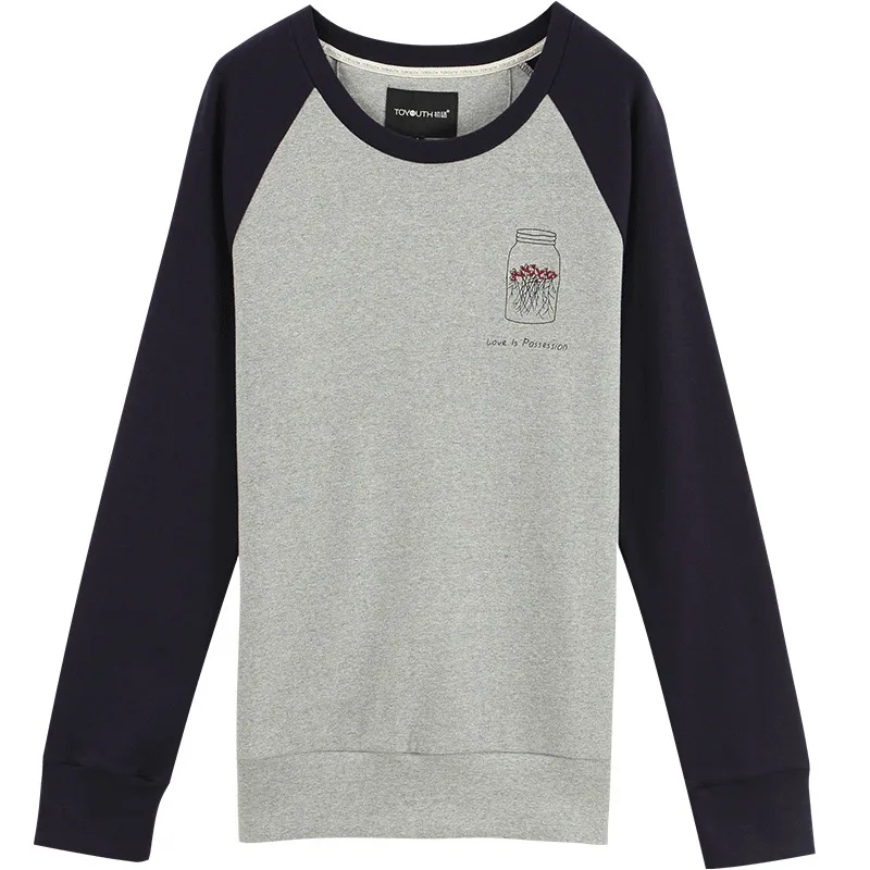 

Toyouth Women Tops Round Neck Embroidered Print Long Sleeve Contrasting Color Design Casual T-shirt