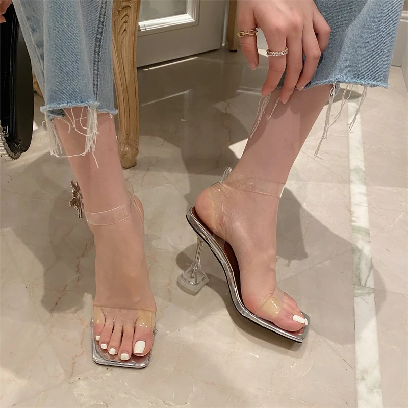 

2022 прозрачные женские сандалии стразы с квадратным носком и пряжкой на высоком каблуке Свадебная летняя обувь для женщин сандалии для женщ...