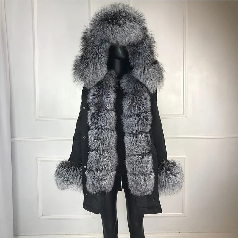 Новые чернобурки меховой парка пальто женские трикотажные silver fox меховой подкладке парки Черный зимой толстые Настоящее пальто с мехом теплые женские верхняя одежда - Цвет: 30