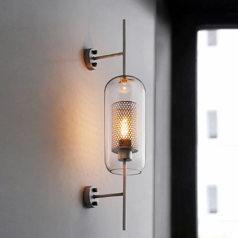 

Creativo moderno de vidrio transparente de pared interior viento Industrial plata hierro hueco LED de dormitorio E27