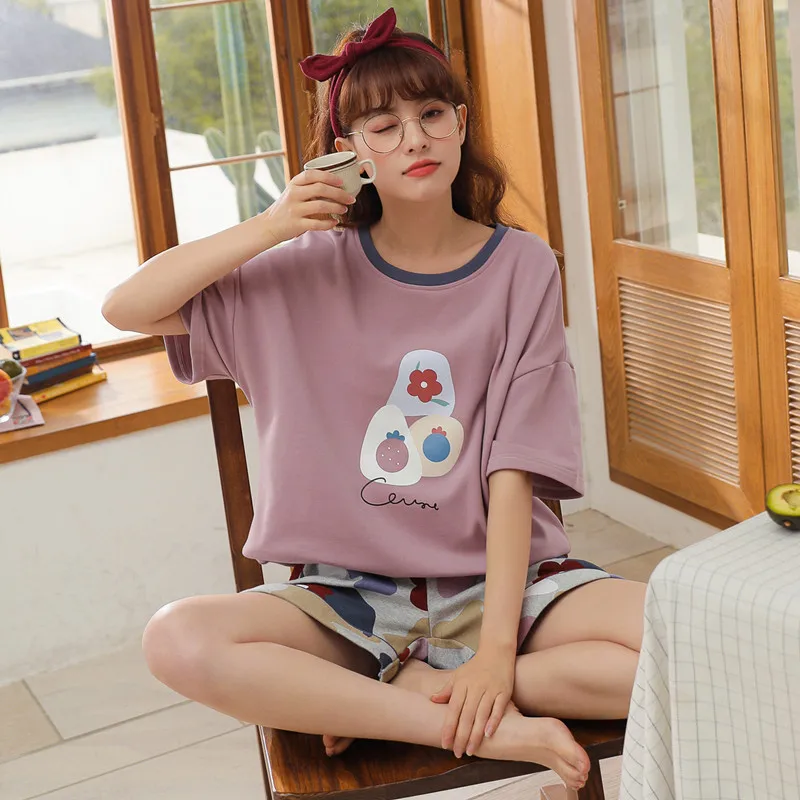 

Summer Women Pajamas Set Korean Cute Floral Printed Elegant Purple Women Sleepwear Casual Cotton Plus Size Short Sleeve Homewear