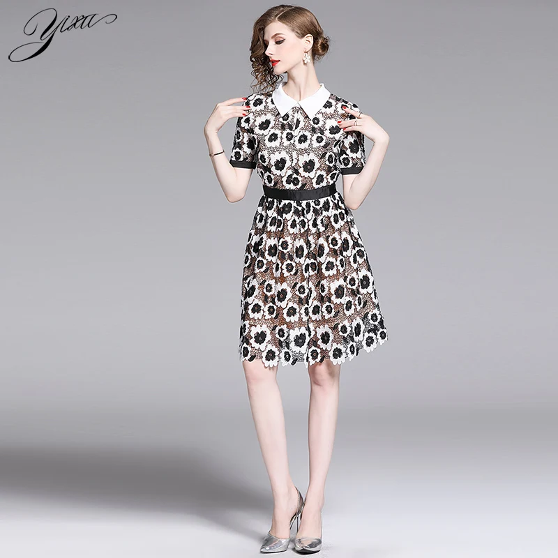 Runway Woman Floral Lace Dress Short Sleeve Elegant OL Party Dresses Slim A-line Laces Women Summer | Женская одежда