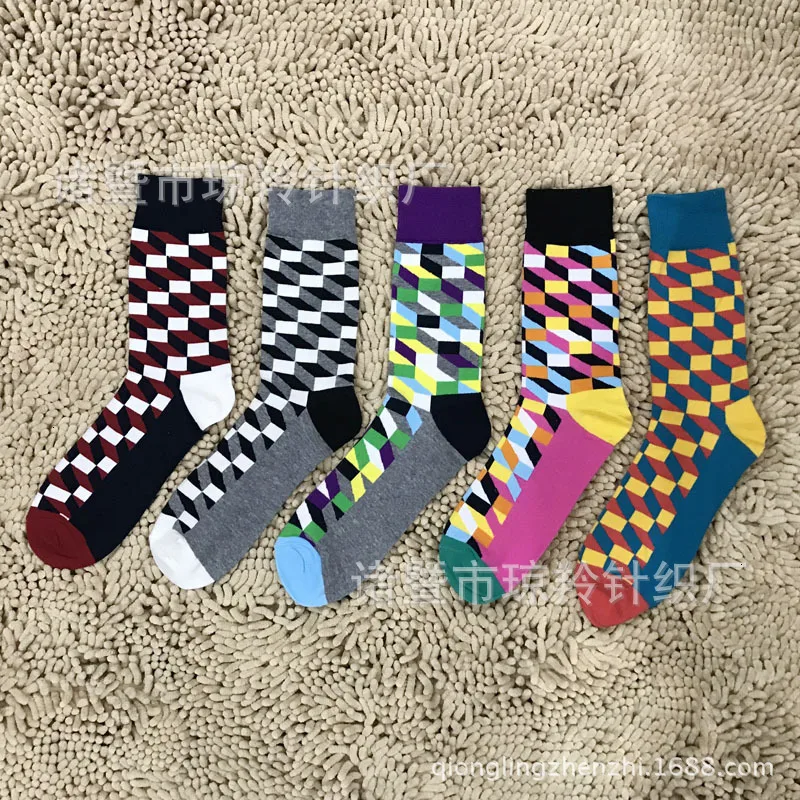10 пар/лот мужские Разноцветные носки в клетку с геометрическим рисунком чёсаные