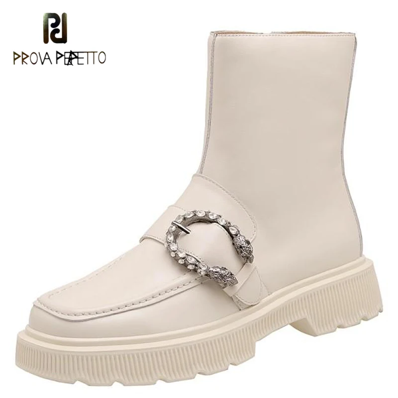 

Autumn and Winter Square Toe Diamond Buckle Short Boots Platform Sole Thick-soled Leather Martin Boots British Style Beige Shoes