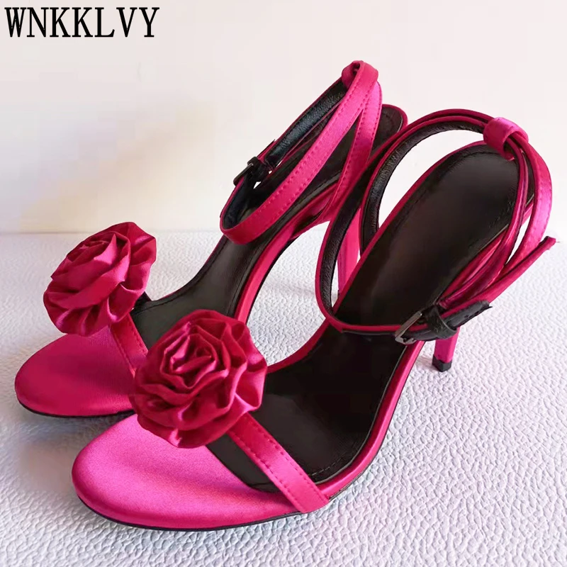 

Sandals Women Flowers decor one word with peep toe High Heels Sandalias Summer Sexy Party Dress Shoes For Ladies 2021