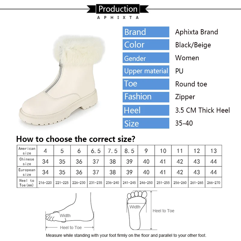

APHIXTA Women Winter Ankle Boot Zipper Round Toe Fashion Women Shoes Platform Plush Lining Warm Fur Boot TPR Anti-skip Footwear