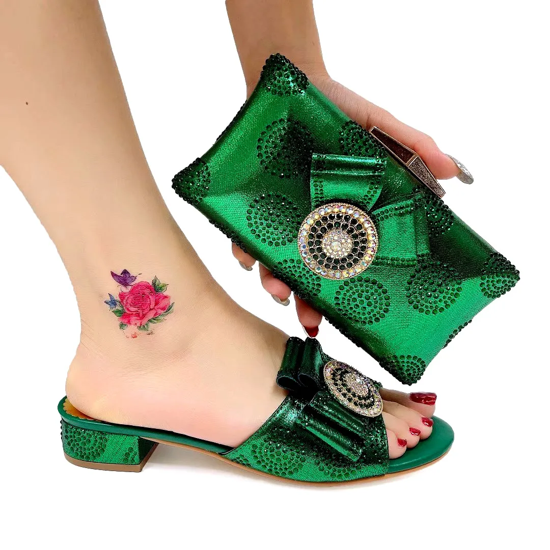 

Замечательные зеленые женские туфли и кошелек с украшением Стразы, комплект из туфель и сумочки в африканском стиле A1074, каблук 3 см
