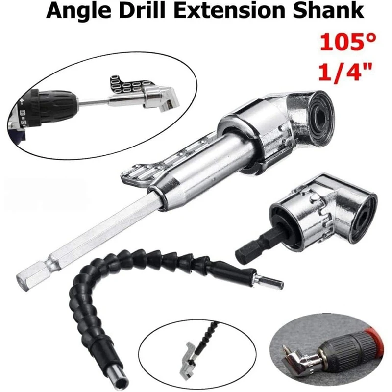 

3PCS 90/105 Degree Right Angle Extension Drill with 1PC Flexible Shaft Extension Bit & 1set Multifunctional Wrench Tool