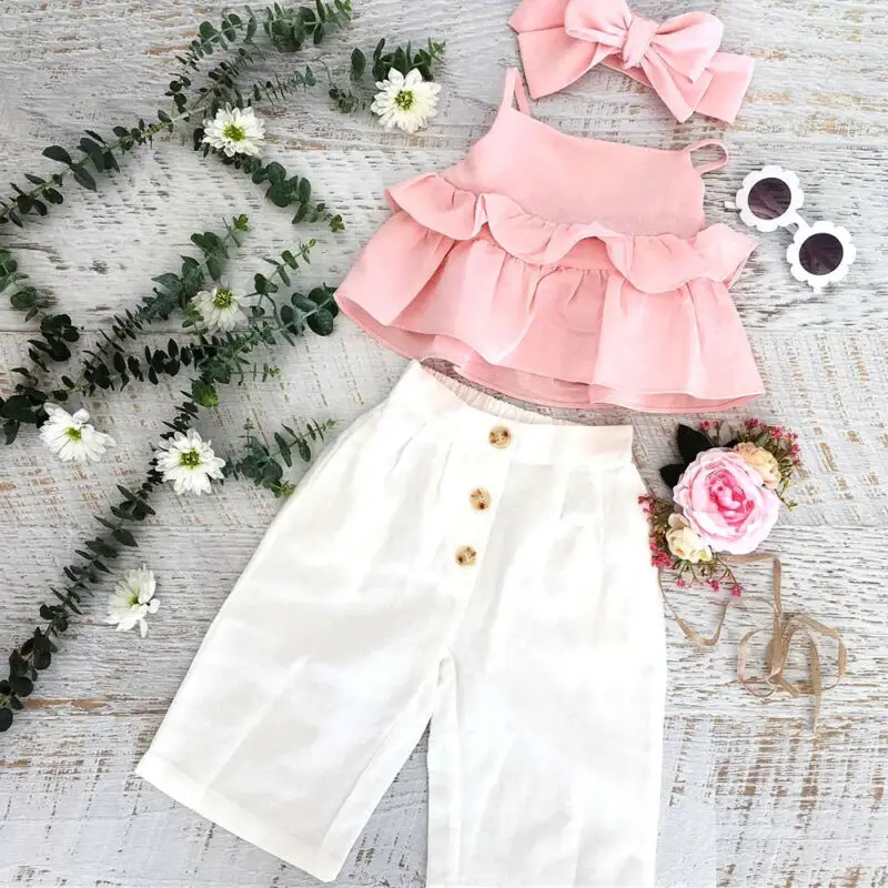 

3pcs Toddler Kid Baby Girl Clothes Ruffle Sling Tops T-shirt Tops+Long Pant Headband Outfits Set Kids Summer Clothes