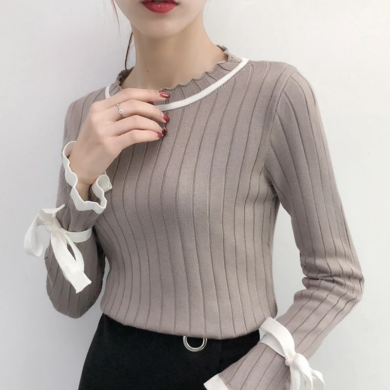 Autumn Winter Solid Lace-Up Knitted Women Sweater Pullovers Casual Warm Woolen O-Neck Long Sleeve Female Sweater