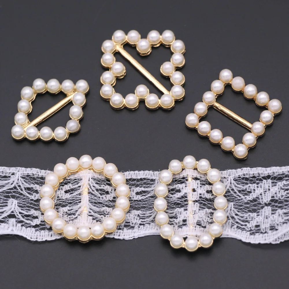 10Pcs Round/Heart/Square/Oval Pearl Buckle Invitation Card Decoration Gold Base Metal Buckles For Ribbon DIY Jewelry Accessories | Дом и сад