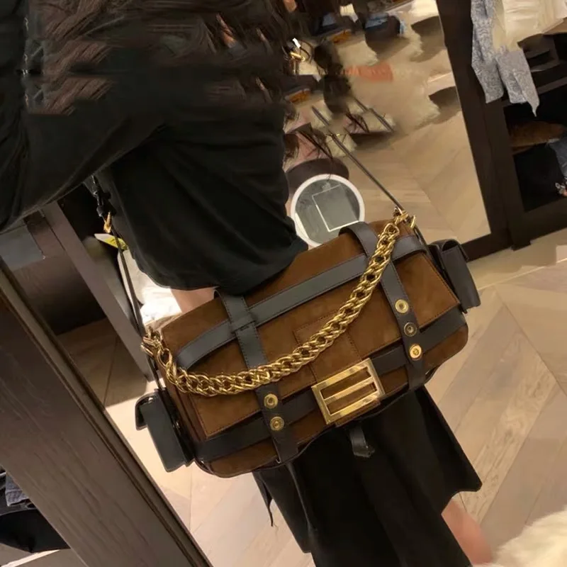 Женская Замшевая сумка-багет с карманом брендовая дизайнерская сумка через