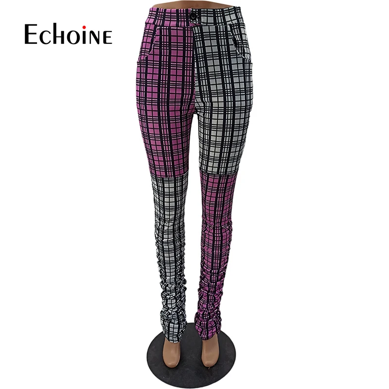 

Echoine Women Casual Plaid Patchwork Pants Leggings High Waist Stacked Trousers Streetwear Sexy Cozy Party joggers Sweatpants